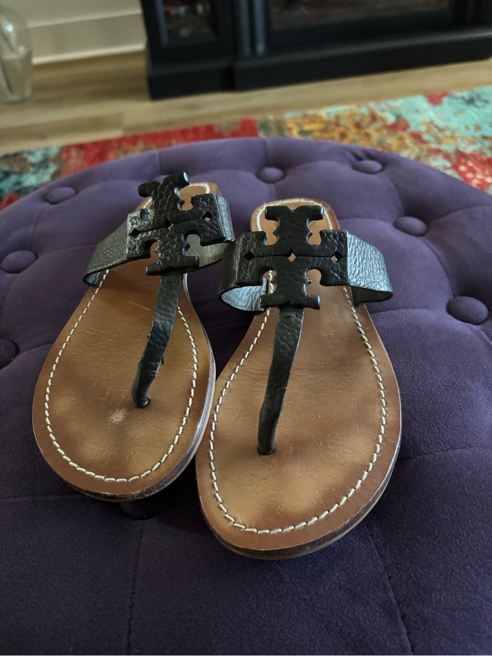 Tory Burch Black Leather Logo Thong Sandals with Brown Footbed
